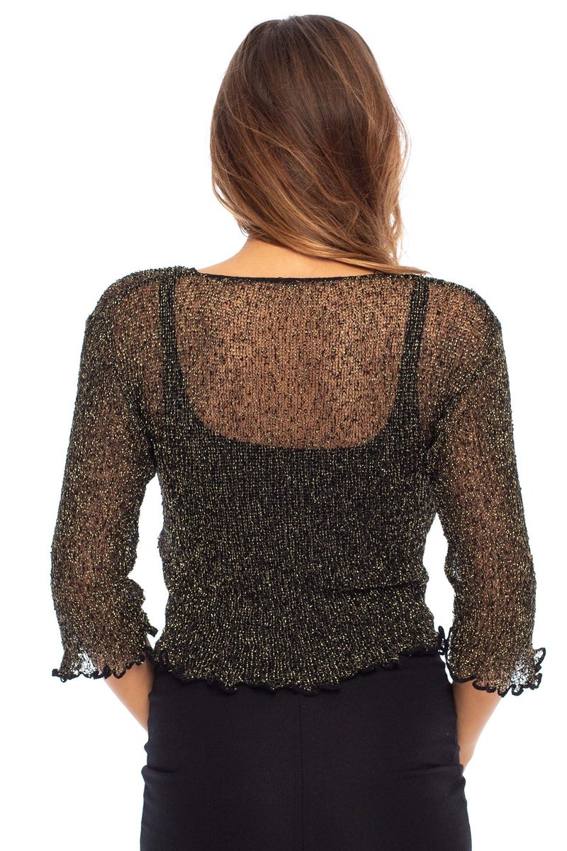 Back From Bali Metallic Shrug Lite Womens Sheer Jacket Black Gold - Image 2